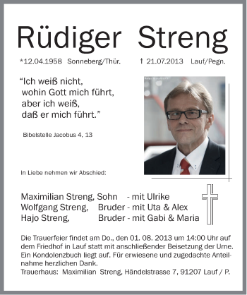 Traueranzeige von Rüdiger Streng von Pegnitz-Zeitung